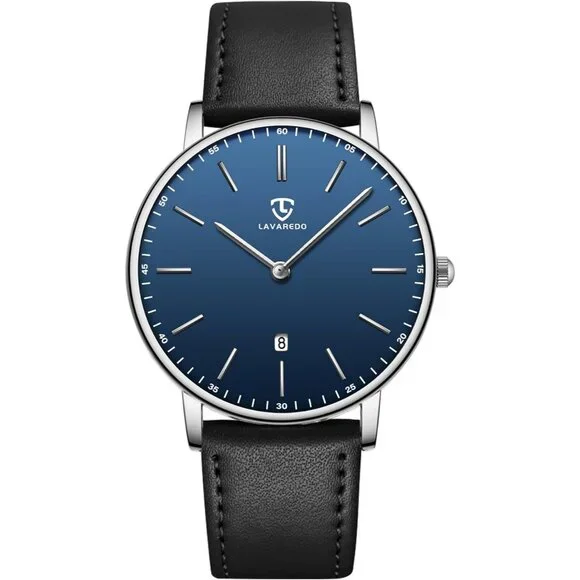 Men's Black -Blue Leather Strap Analog Minimal Simple Stylish Buckle Wrist Watch - Picture 2 of 6